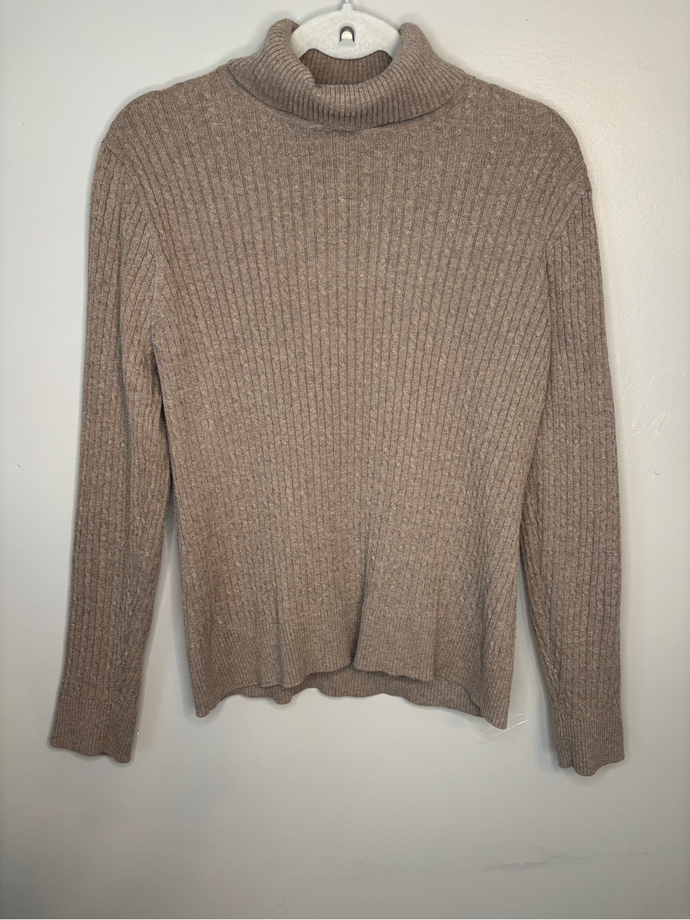 JEANNE PIERRE Ribbed Turtleneck Sweater in Taupe Beige 100% cotton